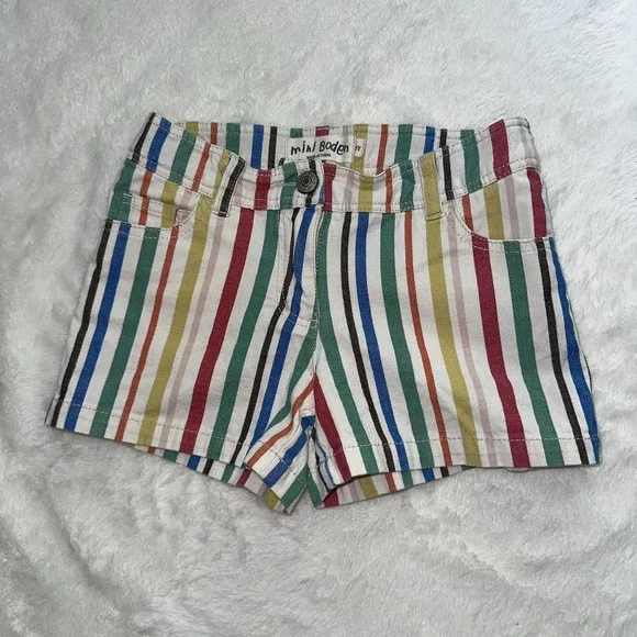 Mini Boden Rainbow Striped Denim Shorts Girls 8 Heart Pockets Colorful Preppy - Picture 1 of 7
